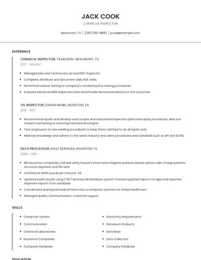 Chemical Inspector Resume