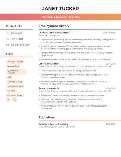 Chemical Laboratory Assistant Resume