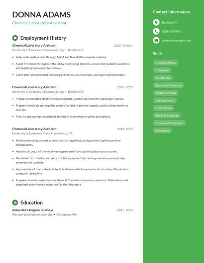 Chemical Laboratory Assistant Resume