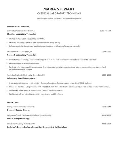 Chemical Laboratory Technician Resume
