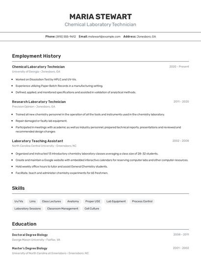 Chemical Laboratory Technician Resume