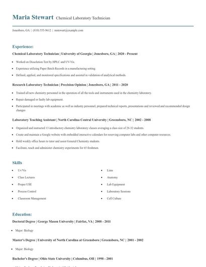 Chemical Laboratory Technician Resume