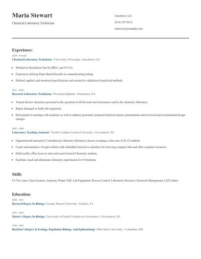 Chemical Laboratory Technician Resume