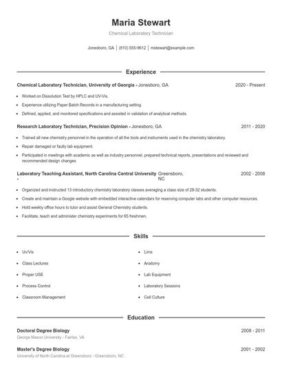 Chemical Laboratory Technician Resume