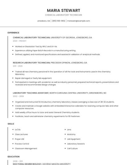 Chemical Laboratory Technician Resume