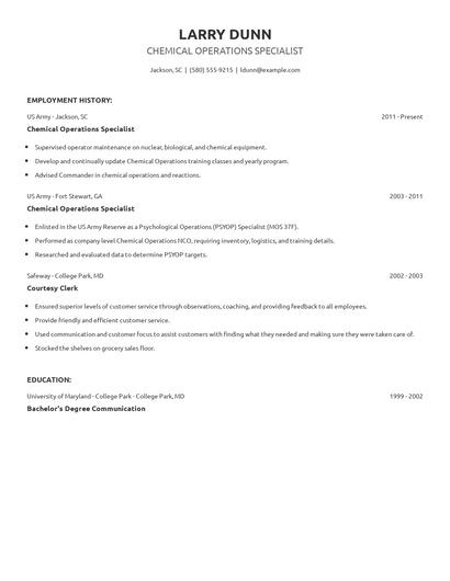 Chemical Operations Specialist Resume