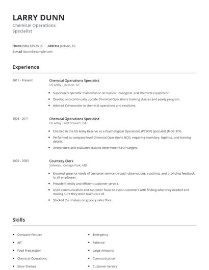 Chemical Operations Specialist Resume