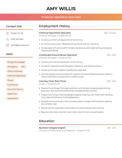 Chemical Operations Specialist Resume