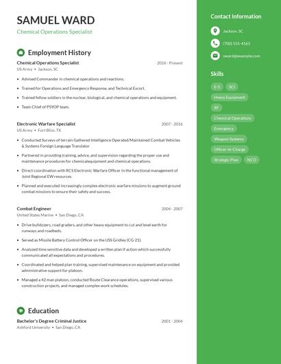 Chemical Operations Specialist Resume