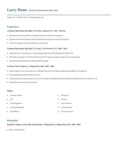 Chemical Operations Specialist Resume
