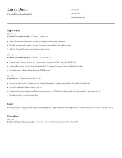 Chemical Operations Specialist Resume