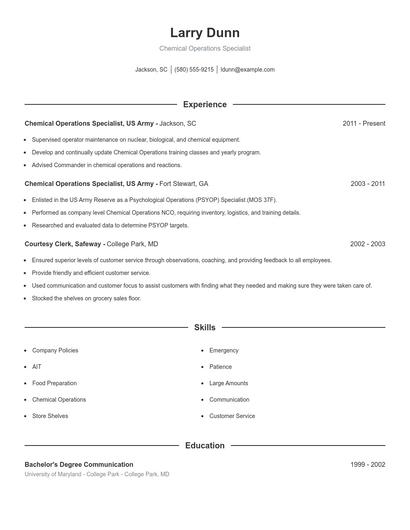 Chemical Operations Specialist Resume