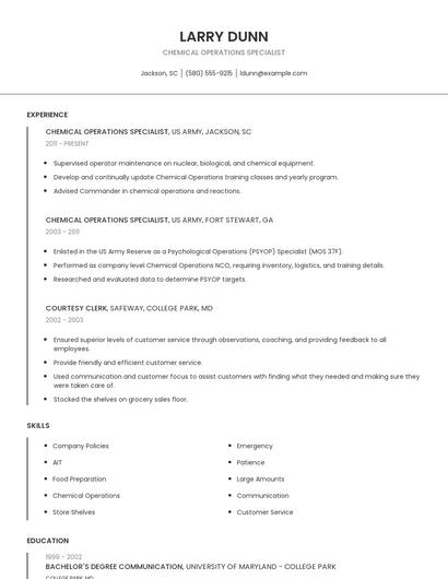 Chemical Operations Specialist Resume