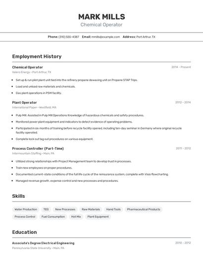 Chemical Operator Resume