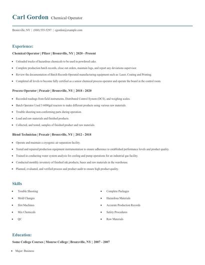 Chemical Operator Resume