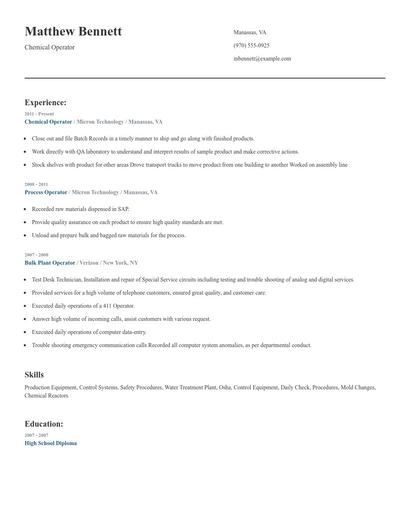 Chemical Operator Resume