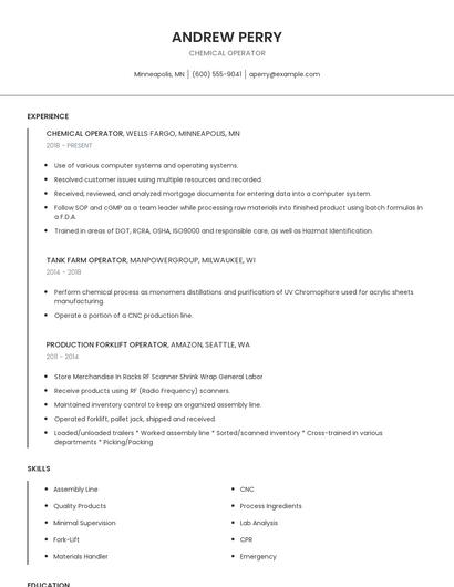Chemical Operator Resume