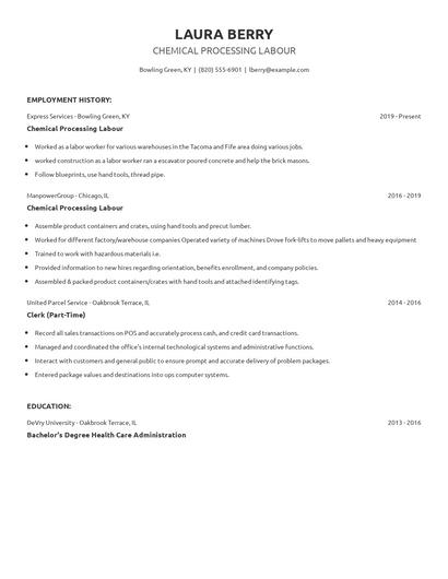 Chemical Processing Labour Resume