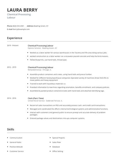 Chemical Processing Labour Resume