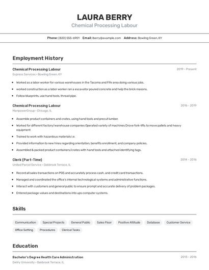 Chemical Processing Labour Resume