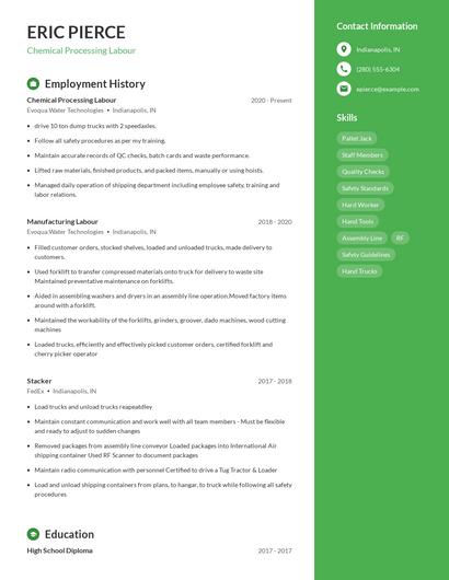 Chemical Processing Labour Resume