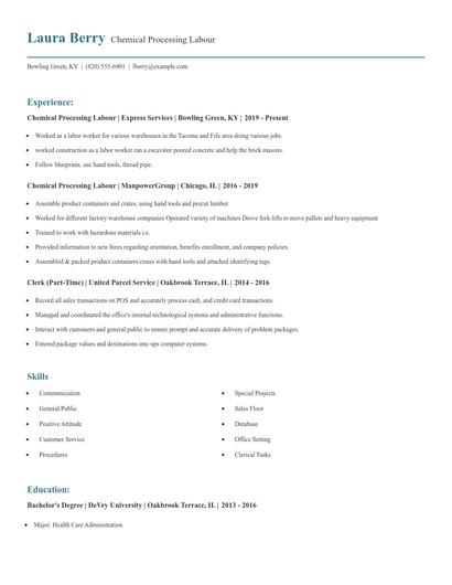 Chemical Processing Labour Resume