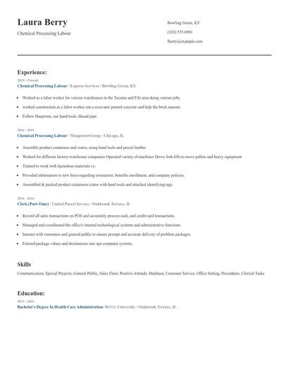 Chemical Processing Labour Resume