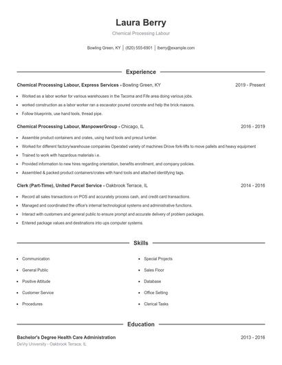 Chemical Processing Labour Resume