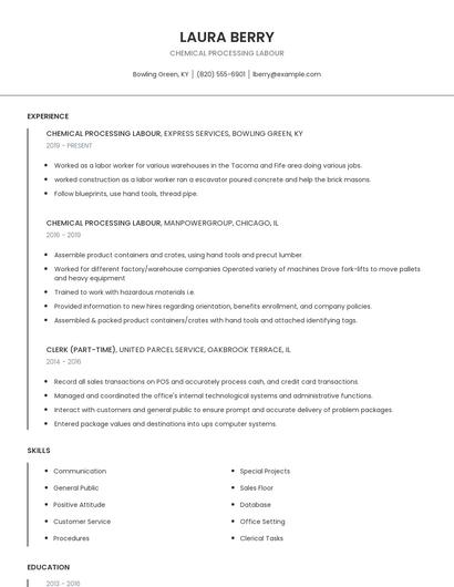 Chemical Processing Labour Resume