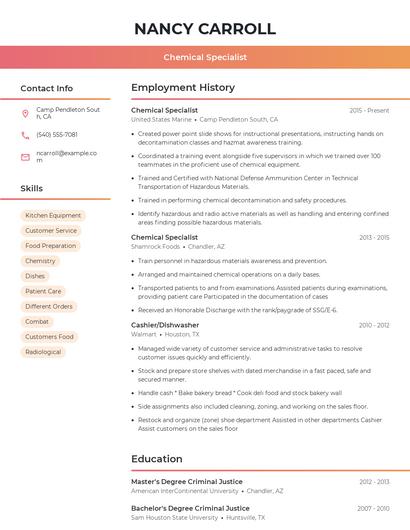 Chemical Specialist Resume