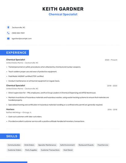 Chemical Specialist Resume