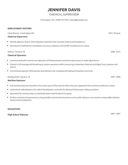 Chemical Supervisor Resume
