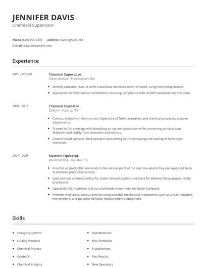 Chemical Supervisor Resume