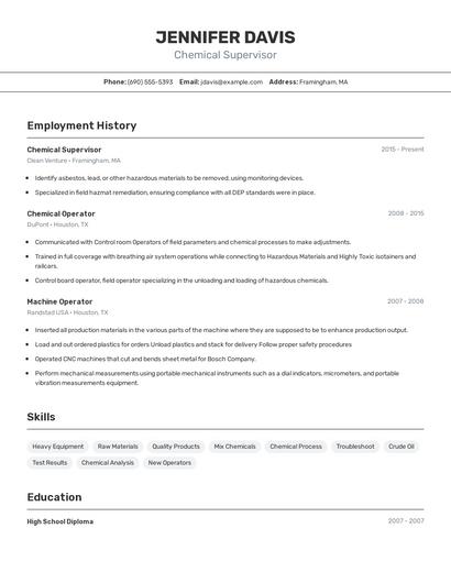 Chemical Supervisor Resume