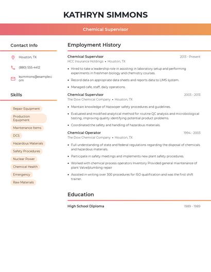 Chemical Supervisor Resume