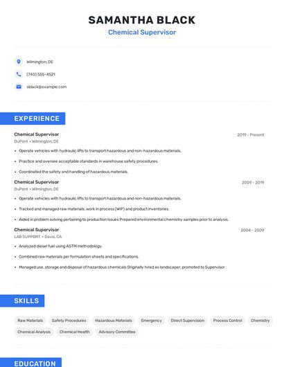 Chemical Supervisor Resume