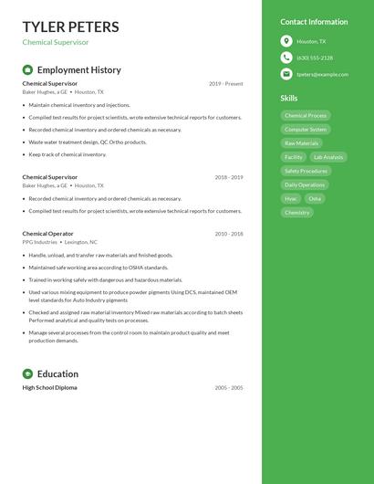 Chemical Supervisor Resume