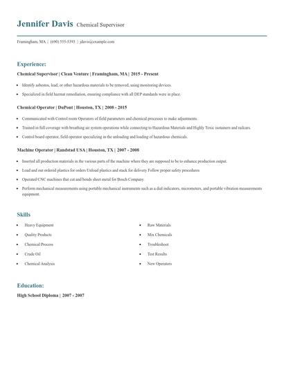 Chemical Supervisor Resume