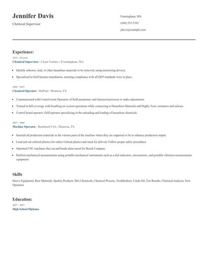 Chemical Supervisor Resume