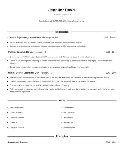 Chemical Supervisor Resume