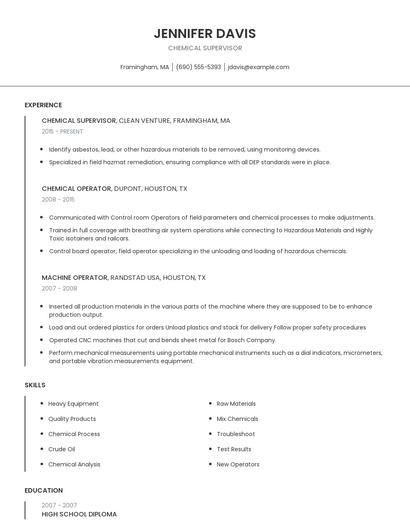 Chemical Supervisor Resume