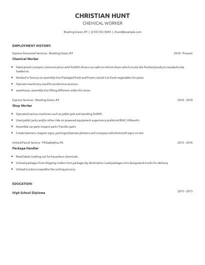Chemical Worker Resume