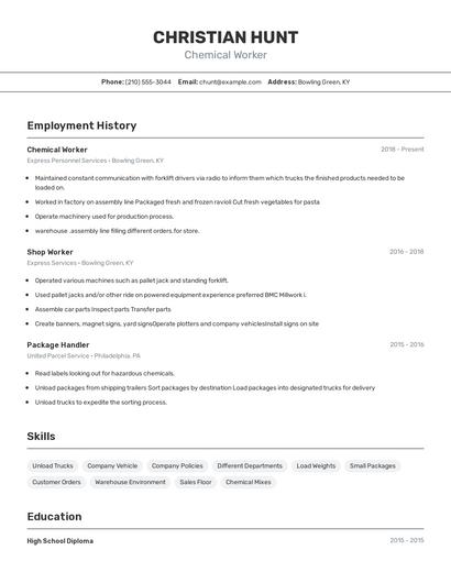 Chemical Worker Resume