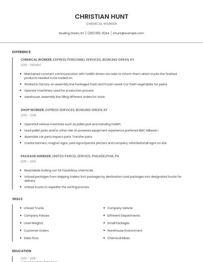 Chemical Worker Resume