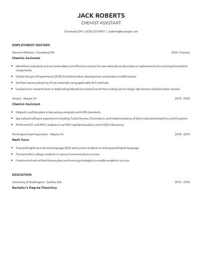 Chemist Assistant Resume