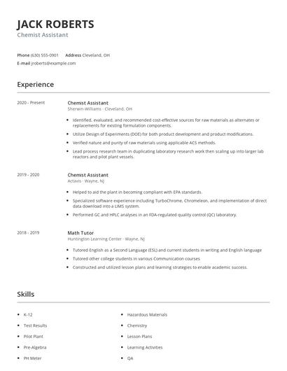 Chemist Assistant Resume