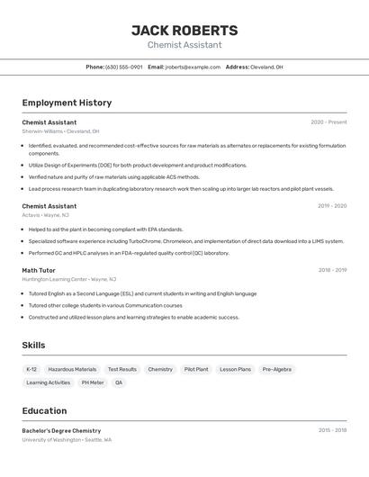 Chemist Assistant Resume