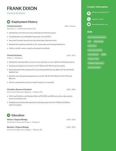Chemist Assistant Resume