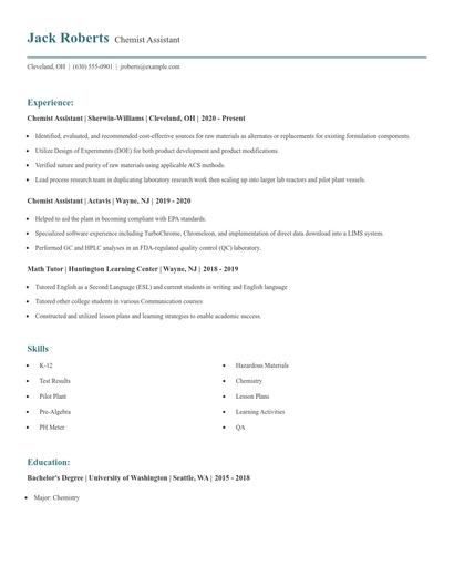 Chemist Assistant Resume