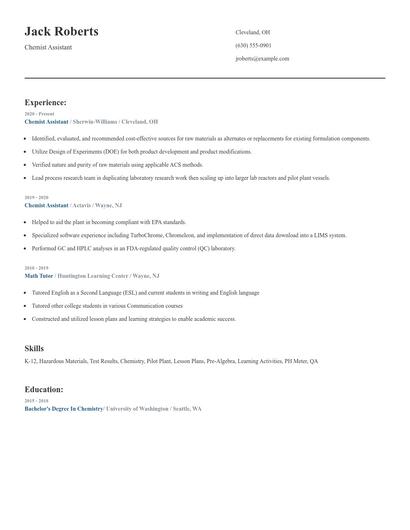Chemist Assistant Resume
